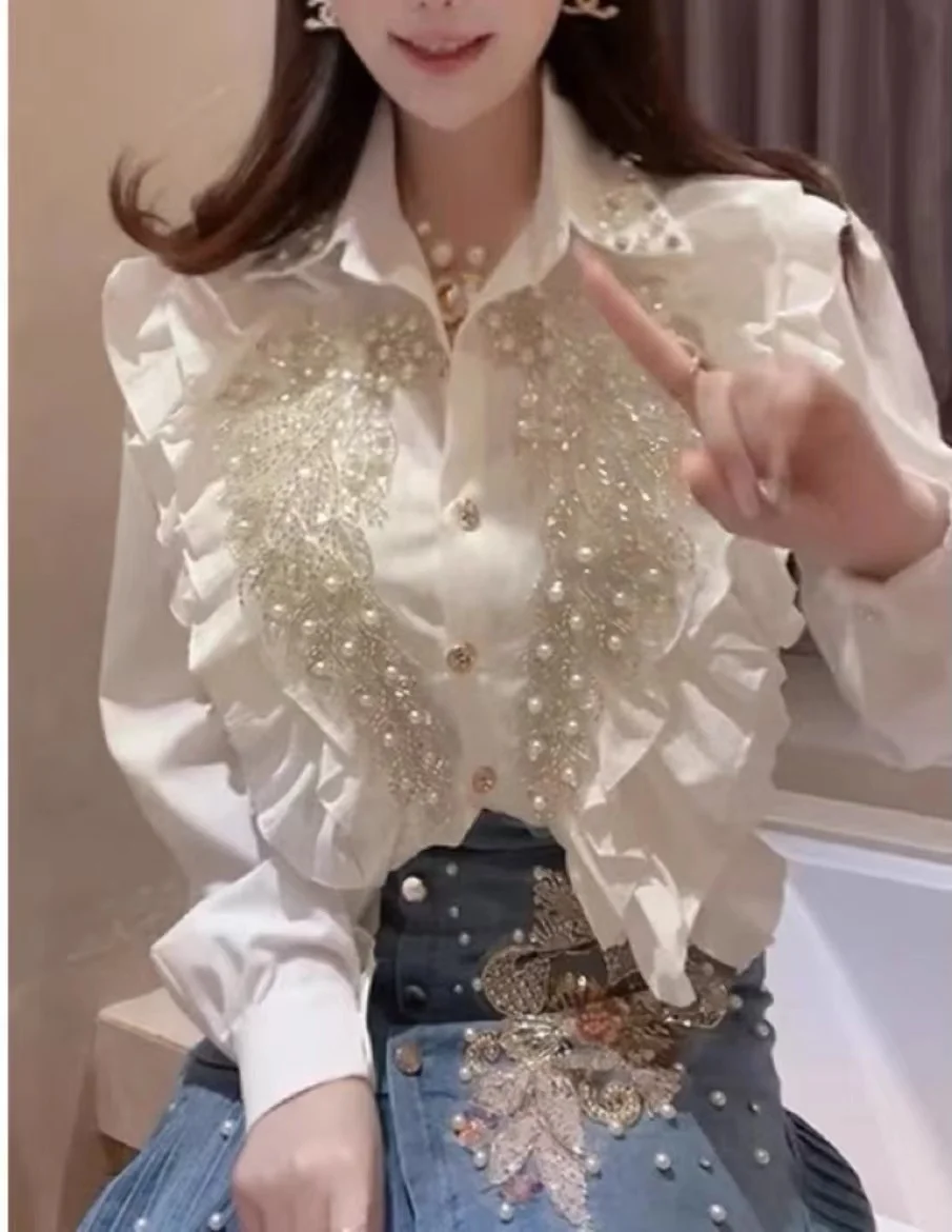 Sparking Sequined Beaded Stitch Short Shirts and Blouses Women\'s Spring 2024 Single-breasted White Black Top Female Clothing