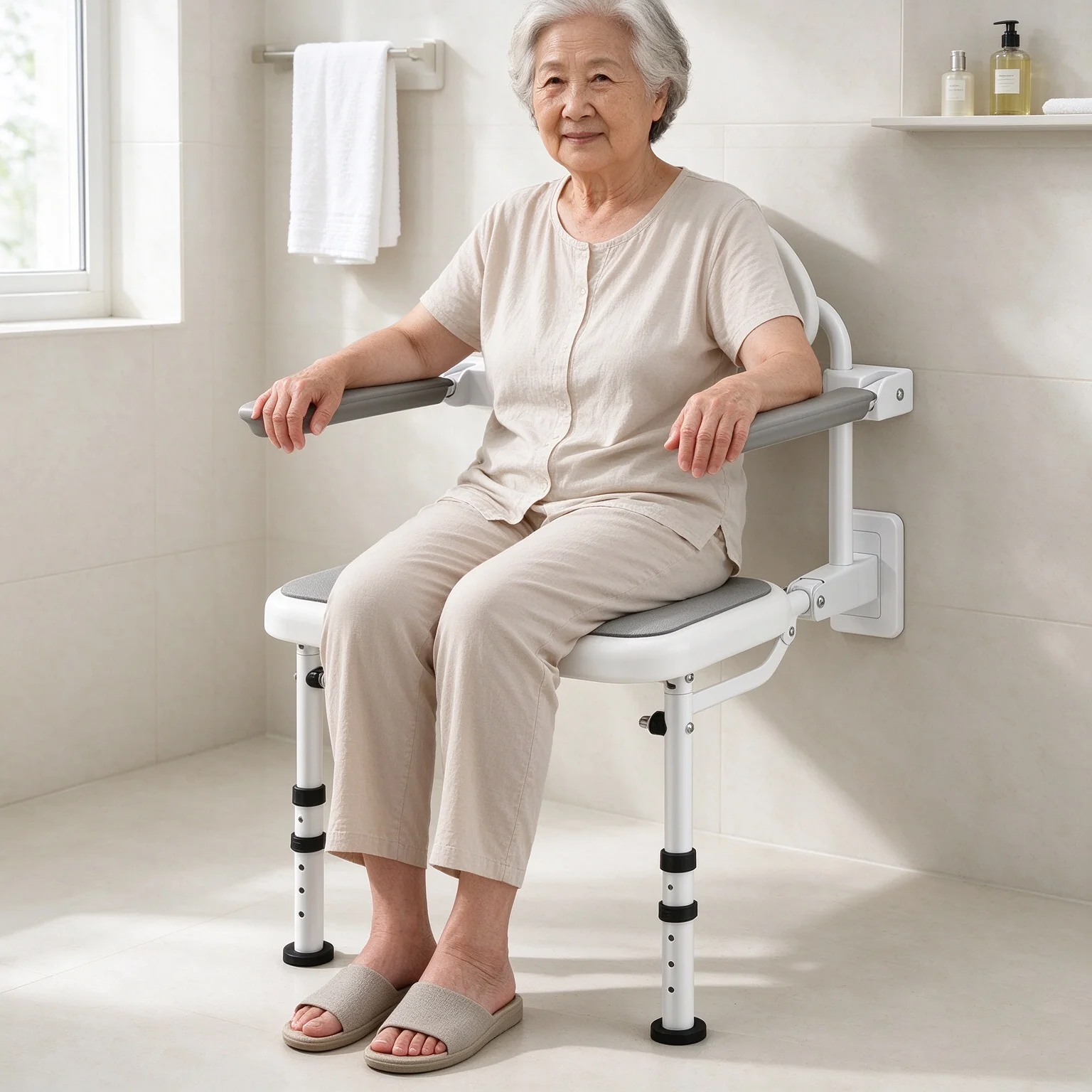 ‌Foldable Bathroom Chair Wall Mounted Shower Stool Non-Slip Chair Armrests Elderly Pregnant Women Safety Seat for Home