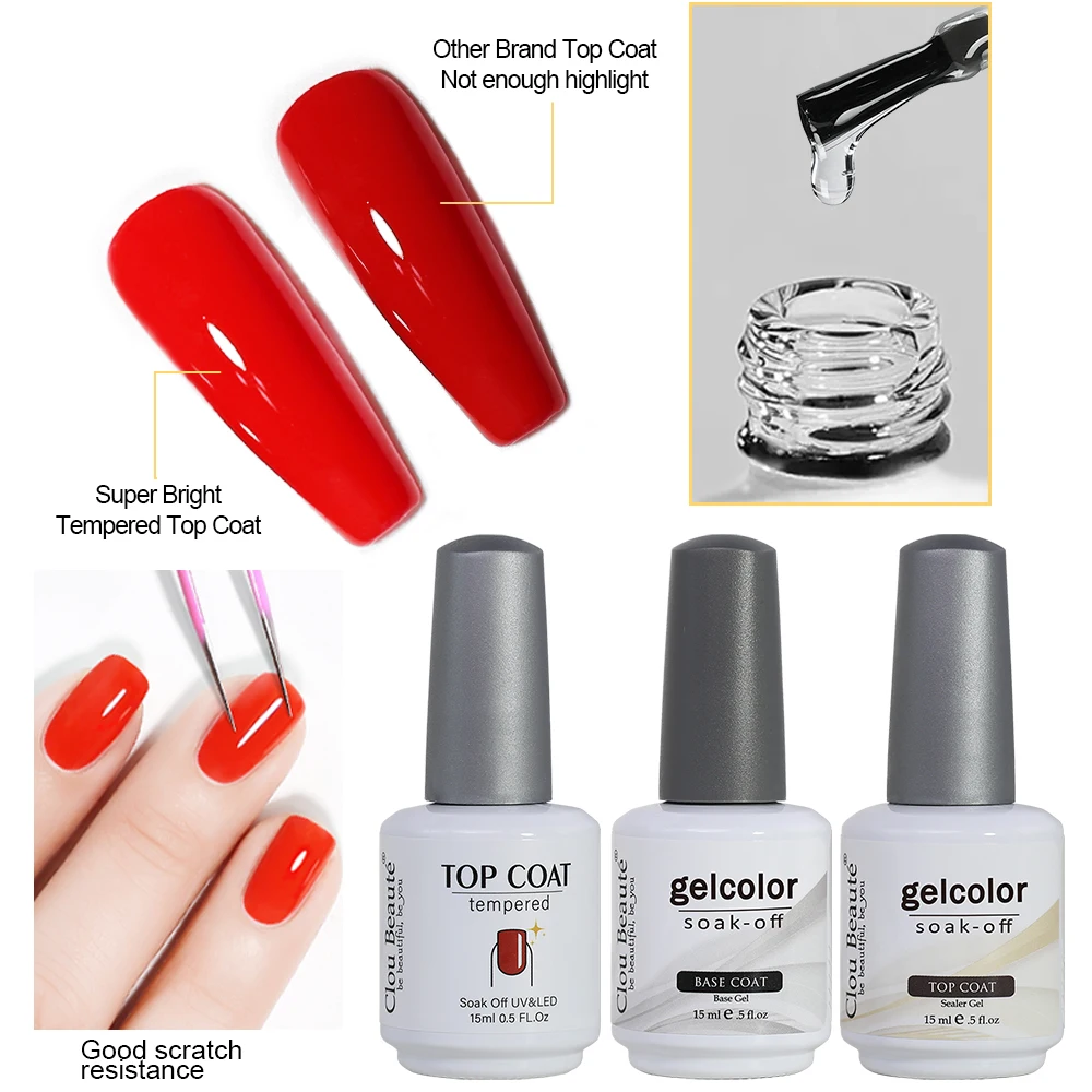 

Clou Beaute 15ml UV Gel Nail Art No Wipe Tempered Top Coat Base Coat Primer Manicure Gel Nail Polish 400+ Color Gel Polish