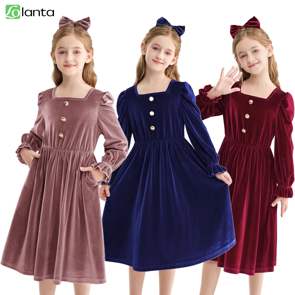 

LOlanta Girl Dress Velvet Ruffle Trim Outfit Long Sleeve Dresses Casual Fall Winter Christmas Clothes for Kids 5-12 Years