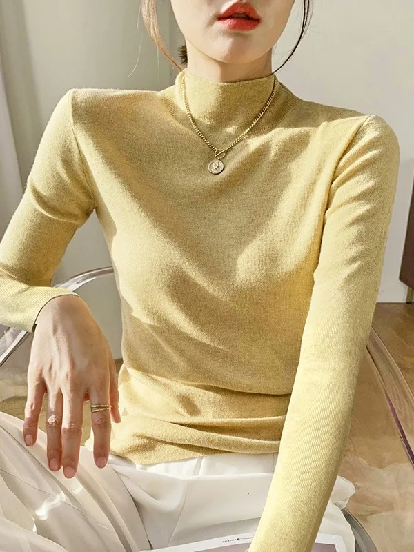 Slim Fit Long Sve Wool Base irt f High Ne Jersey de punto Casual Sle Medium Softn Viscose Camere Blend Sprin...