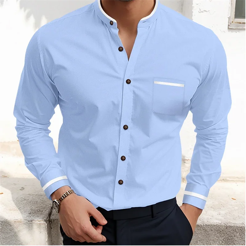 Camisa masculina de botão manga comprida, bloco de cor branca, gola, camisas formais, carreira de escritório, roupa de casamento, bolso primavera