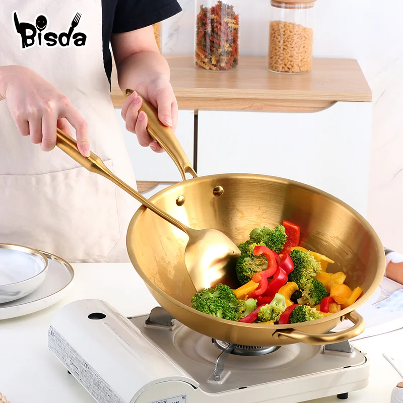 Bisda Gold Frying Pan 32cm Non-stick Pan Kitchen Skillet Stainless Steel Fried Steak Pot With Lid Turner Electric Induction Pan