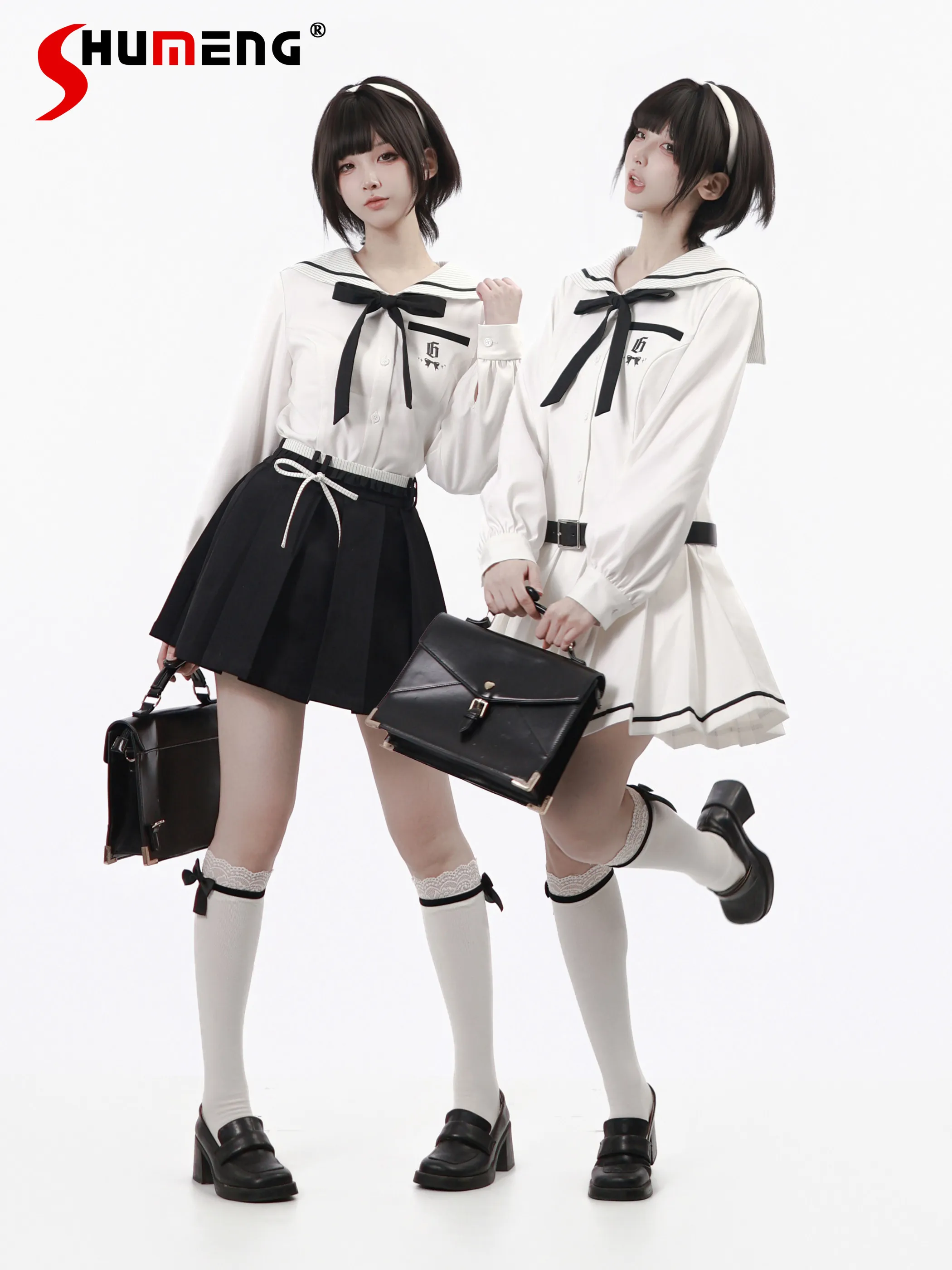 

Original Sweet Cute Preppy Style Navy Collar Long Sleeve High Waist Slim Fit A-line White Pleated Short Dress Women Spring 2026