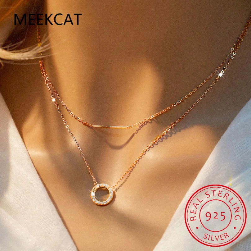 Moissanite Circle Pendant Necklace Niche 925 Sterling Silver Double Layers Chain Necklaces for Women Valentine's Day Gift