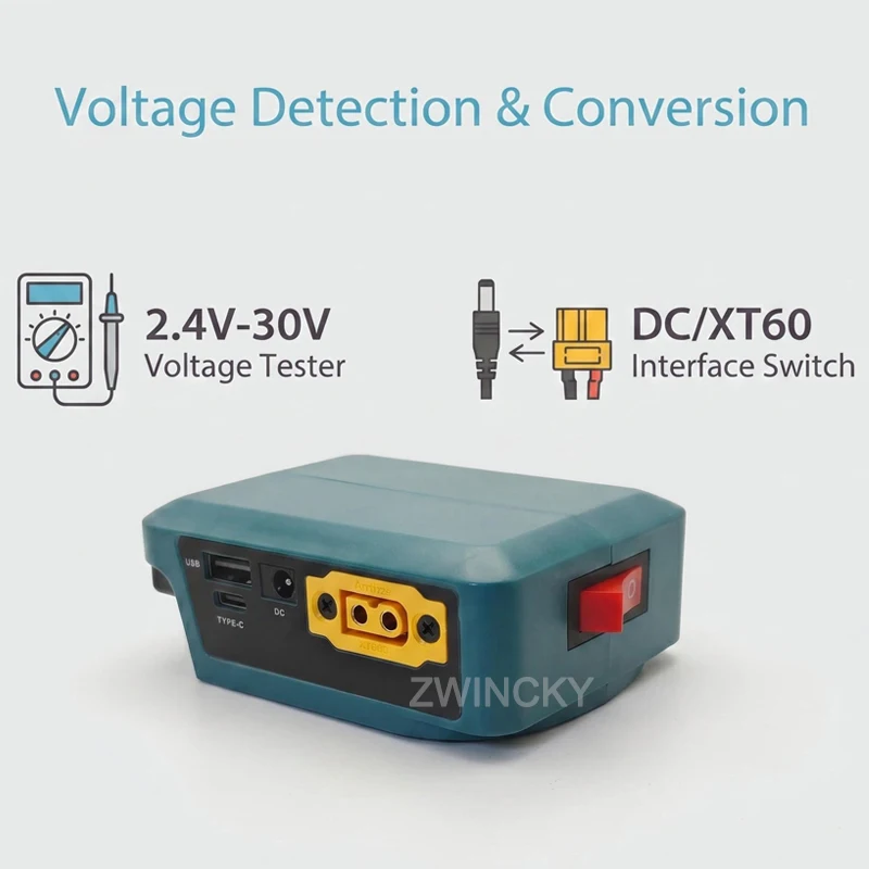 Two-way Charging Adapter Converter For Makita/Dewal/Milwaukee 18V Li-ion Battery, With Digital Display DC XT60 USB Type-C Port