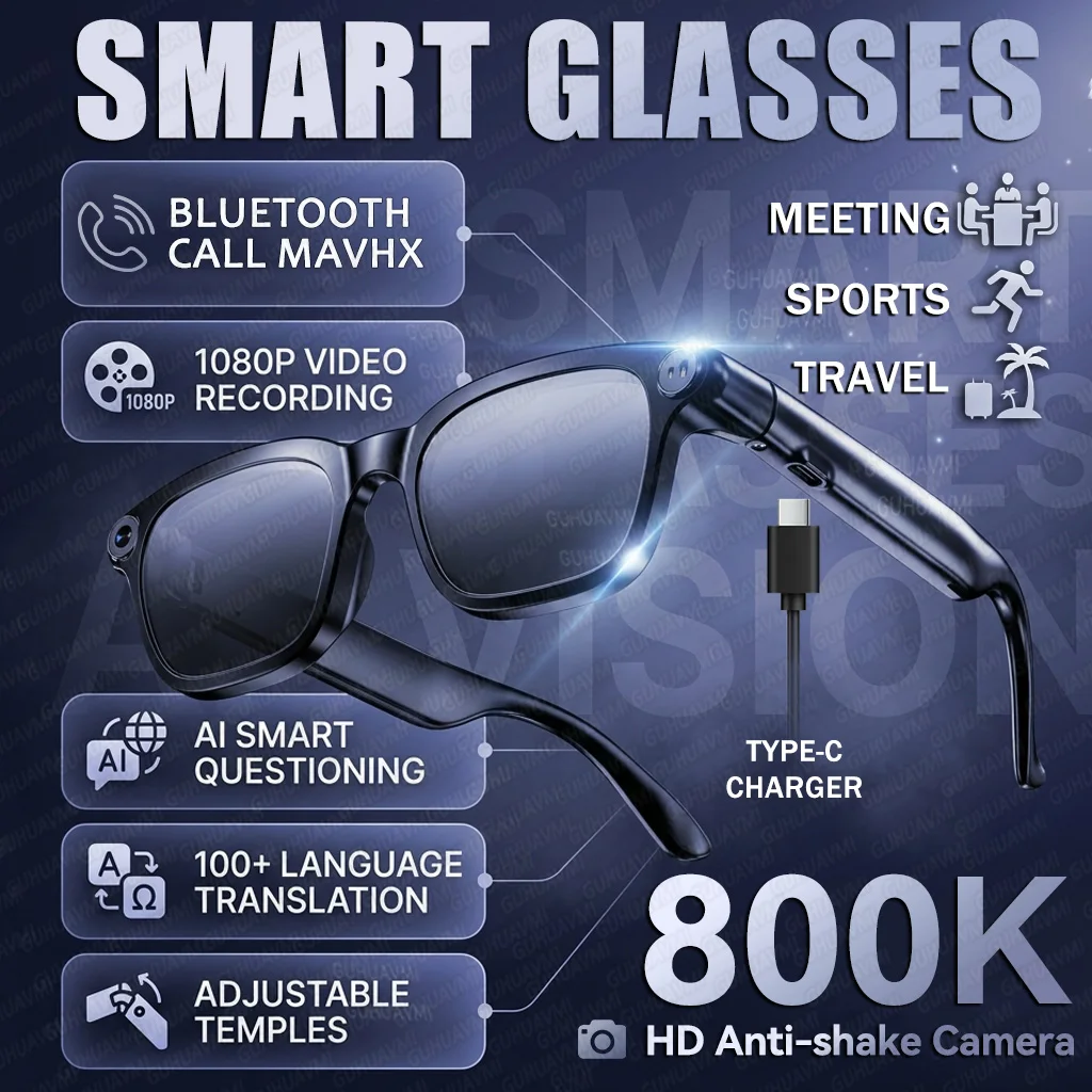 2026 Smart Glasses with 8MP Camera 1080P Video Recording 100+Translation Bluetooth 5.4 Audio Calls&Music for Life Work and Vlog