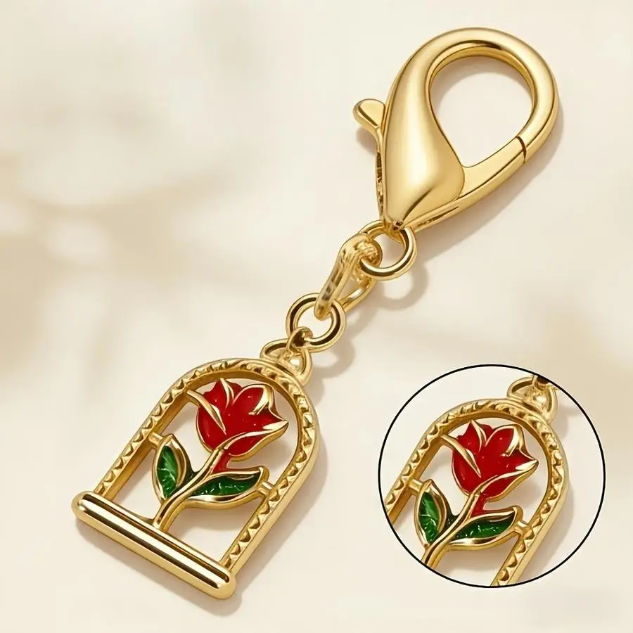 1/5/10/20/50/100pcs Vintage Window Cage Red Rose Enamel Key Charms, Glossy Gold-Plated with Deep Red Oil-Drop Roses. Roses Symbo