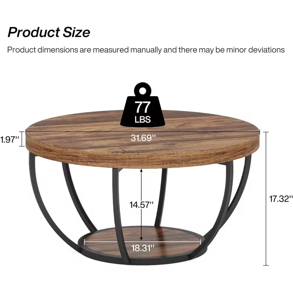 Industrial 2-Tier Circle Coffee Table with Storage Shelves, Modern 31.7" Wooden Accent Center Table for Living Room, Home Office