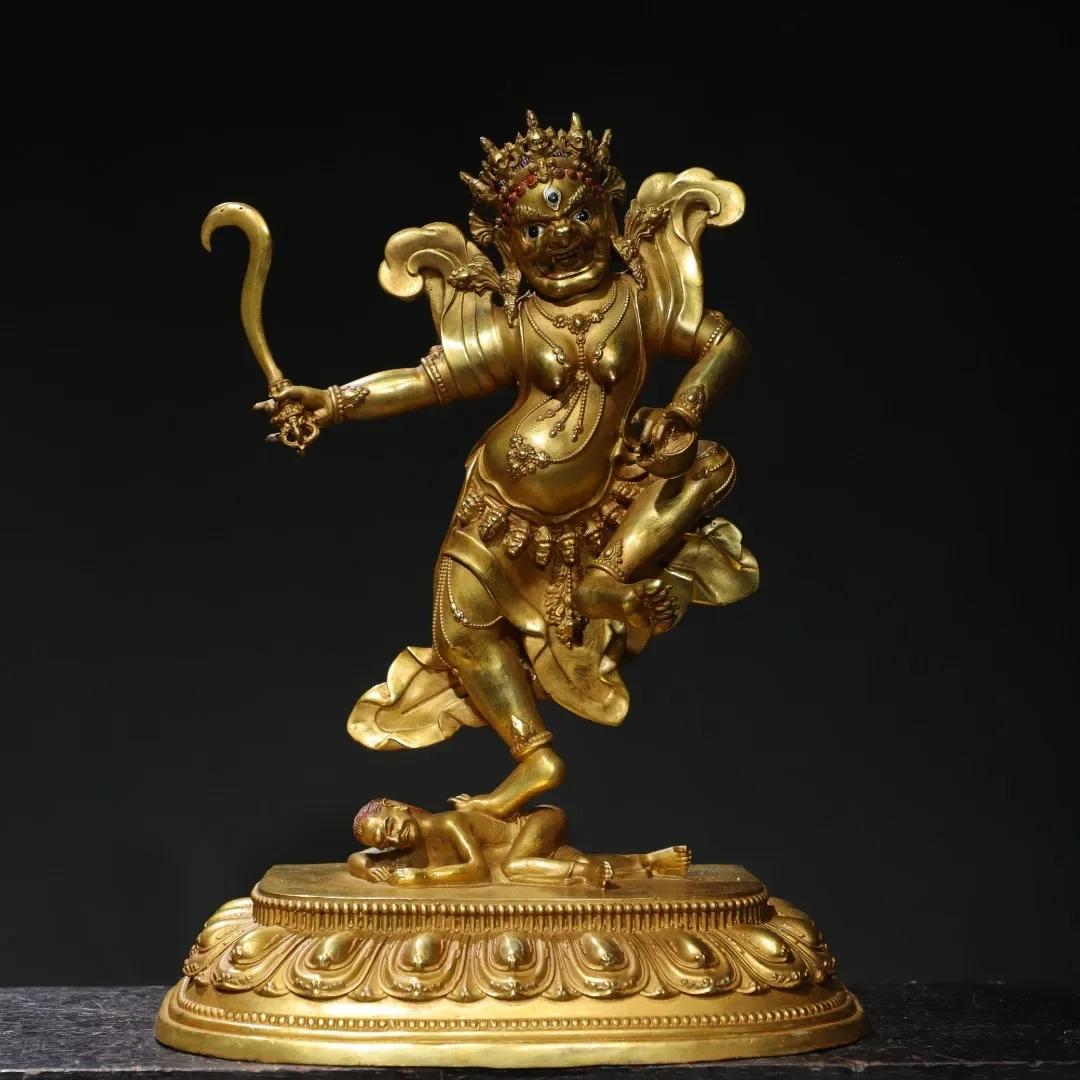 

15"Tibetan Temple Collection Old Bronze Gilded Cinnabar Vajrayana Hand Protector Buddha Backlight Lotus Terrace Worship Hall
