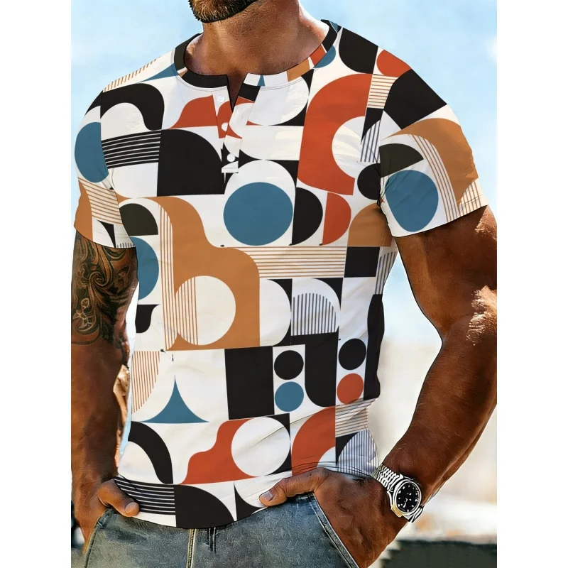 

Мужская рубашка с геометрическим 3D-принтом в звездную полоску, летняя уличная футболка с коротким рукавом, поло с воротником-стойкой