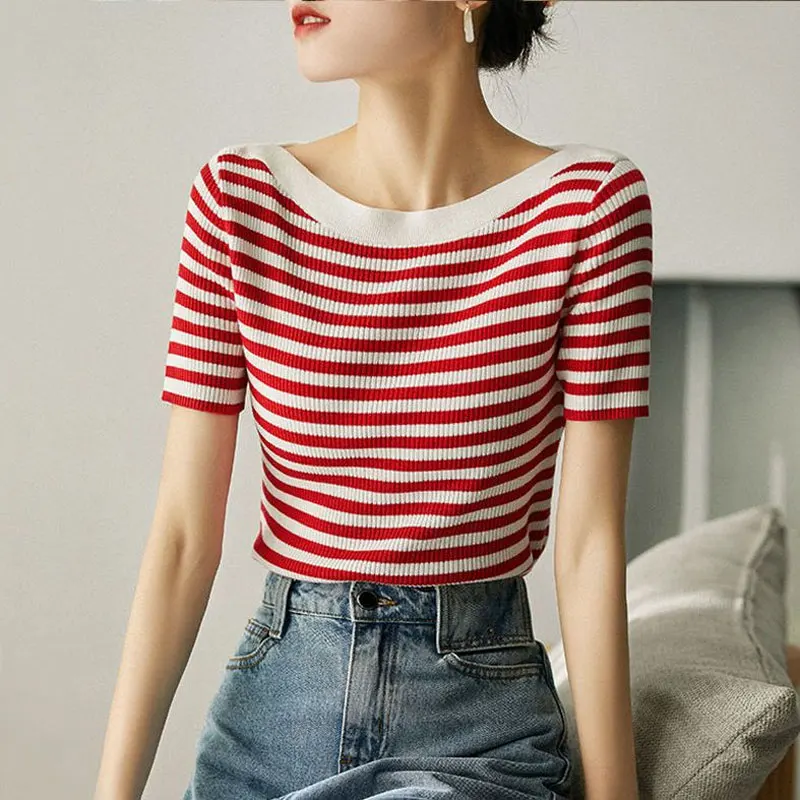 Basic Striped Patchwork T-shirt Casual Slash Neck Slim Summer Thin Knitted Short Sleeve Female Fashion Screw Thread Pullovers