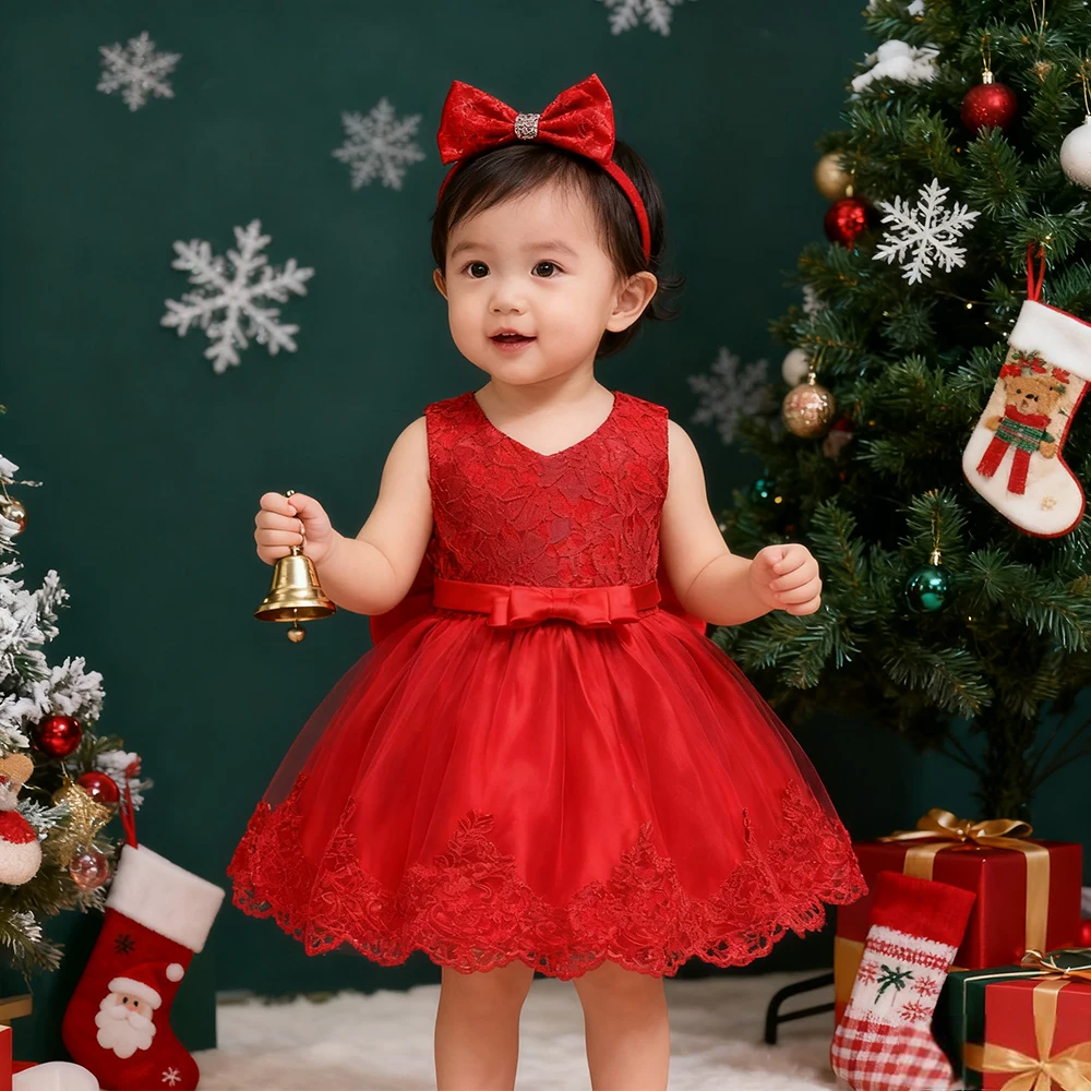 Red Princess Dress For Christmas Girls Party Dresses Flower Girl Lace Wedding Dress Birthday Dress up Carnival Halloween Costume
