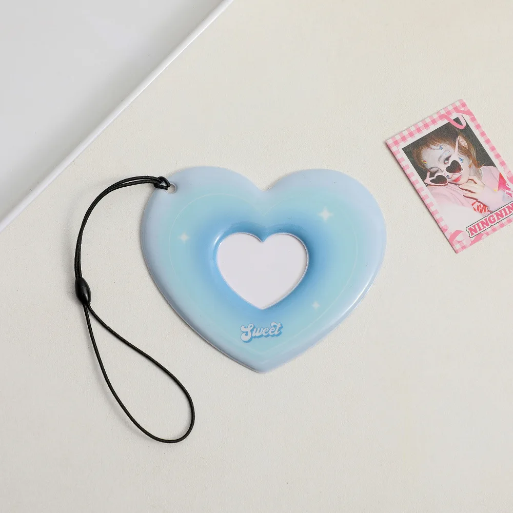 Gradient Color Heart Shaped 2 Inch Photo Card Sleeve Teenage Girl Card Holder Student ID Photo Card Case Bag Keychain Pendant