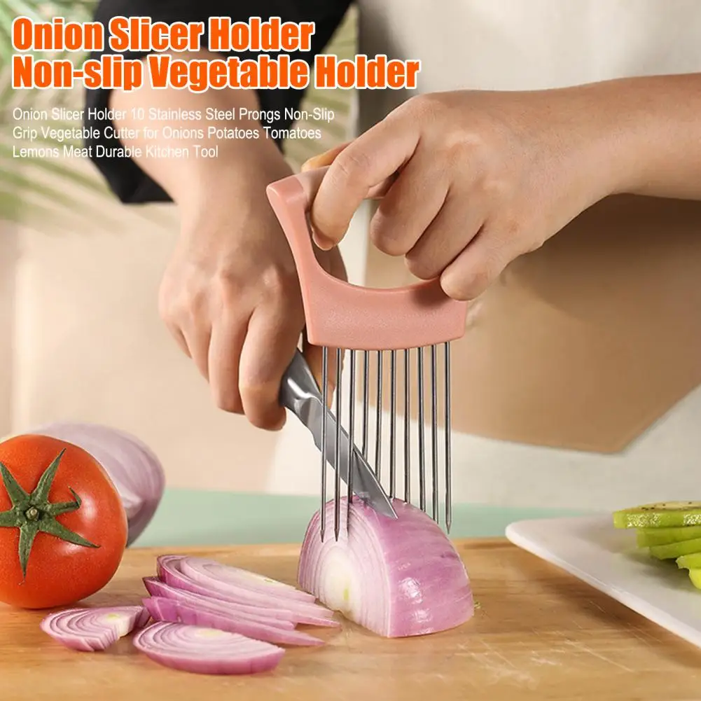 Vegetable Slicing Tool Onion Slicer Holder with 10 Stainless Steel Prongs Non-slip Vegetable Cutter Tool Durable for Onions