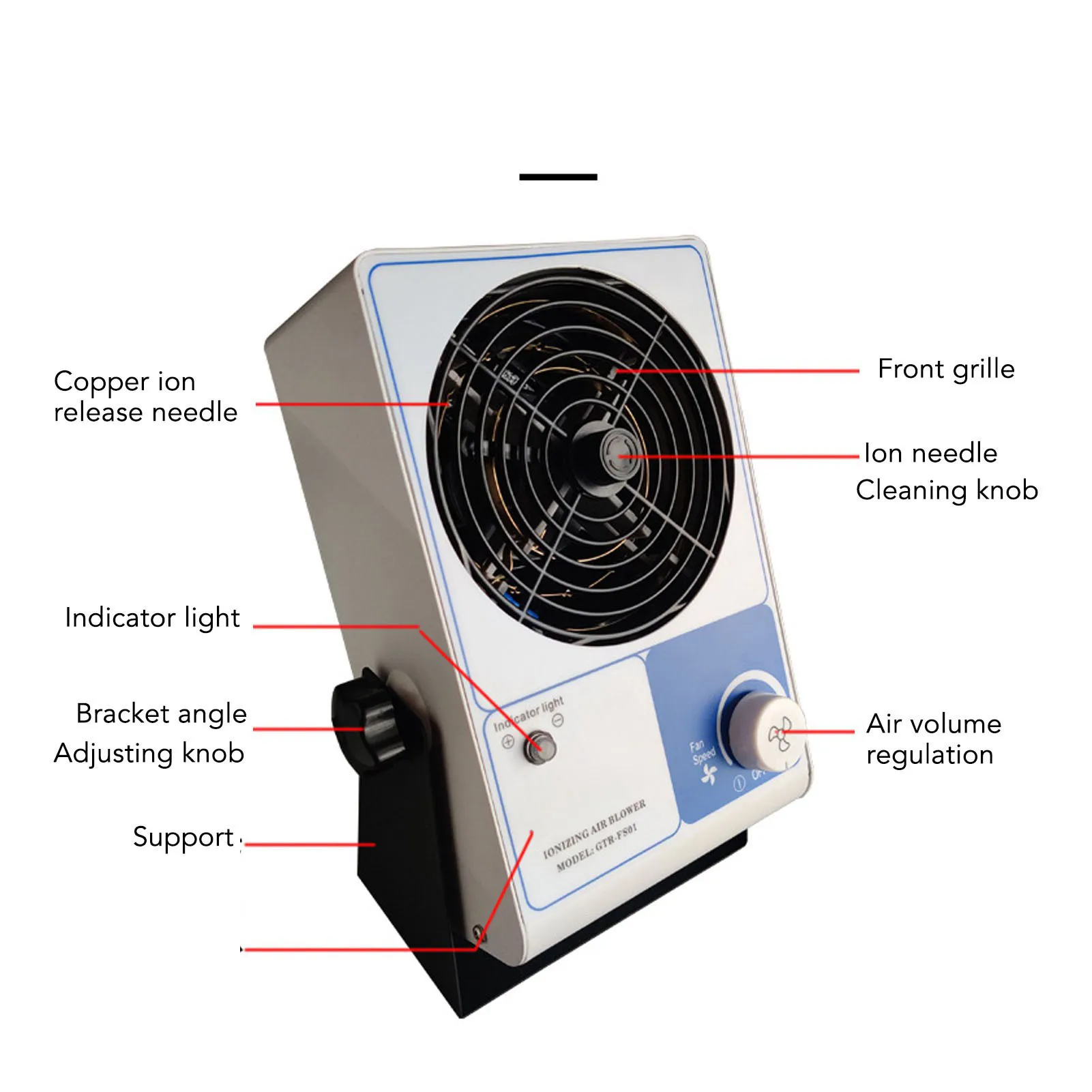 Ventilatore d'aria industriale antistatico per la rimozione della polvere Ventilatore ionizzatore ESD regolabile Ventilatore ionizzatore ESD Ionizzazione da tavolo per linee di produzione