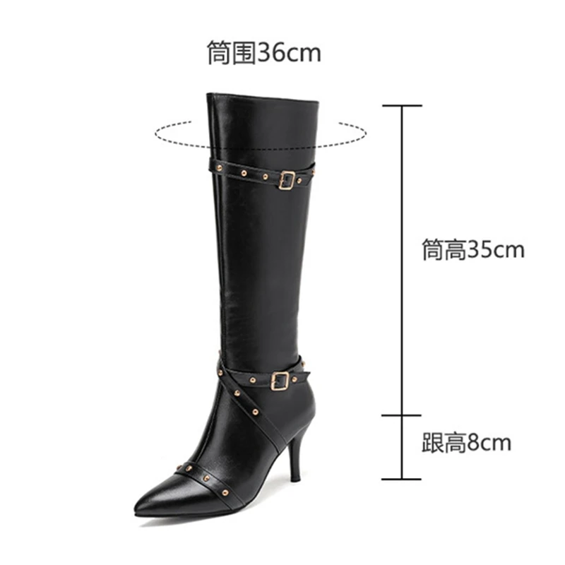 

Girseaby Knee Boots Buckles Rivets Pointed Toe 8cm Stileto Heels Faux Leather Size 41 42 43 Fashion