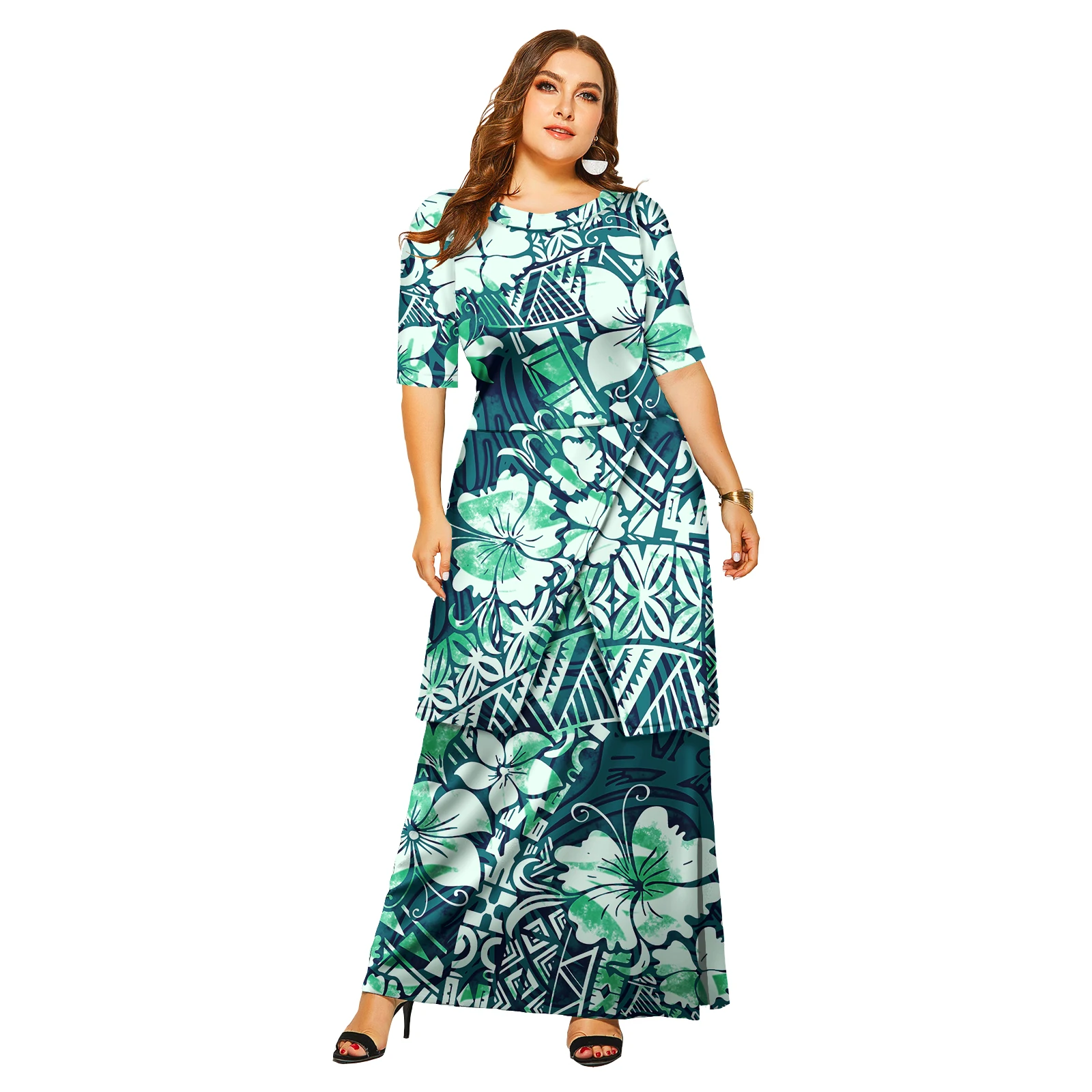 Elegant ออกแบบใหม่ที่กําหนดเอง Puletasi Samoan Tonga Tribal รูปแบบ Maxi ชุดผู้หญิงชุดราตรี 2 ชิ้นชุดชุดด้านบน