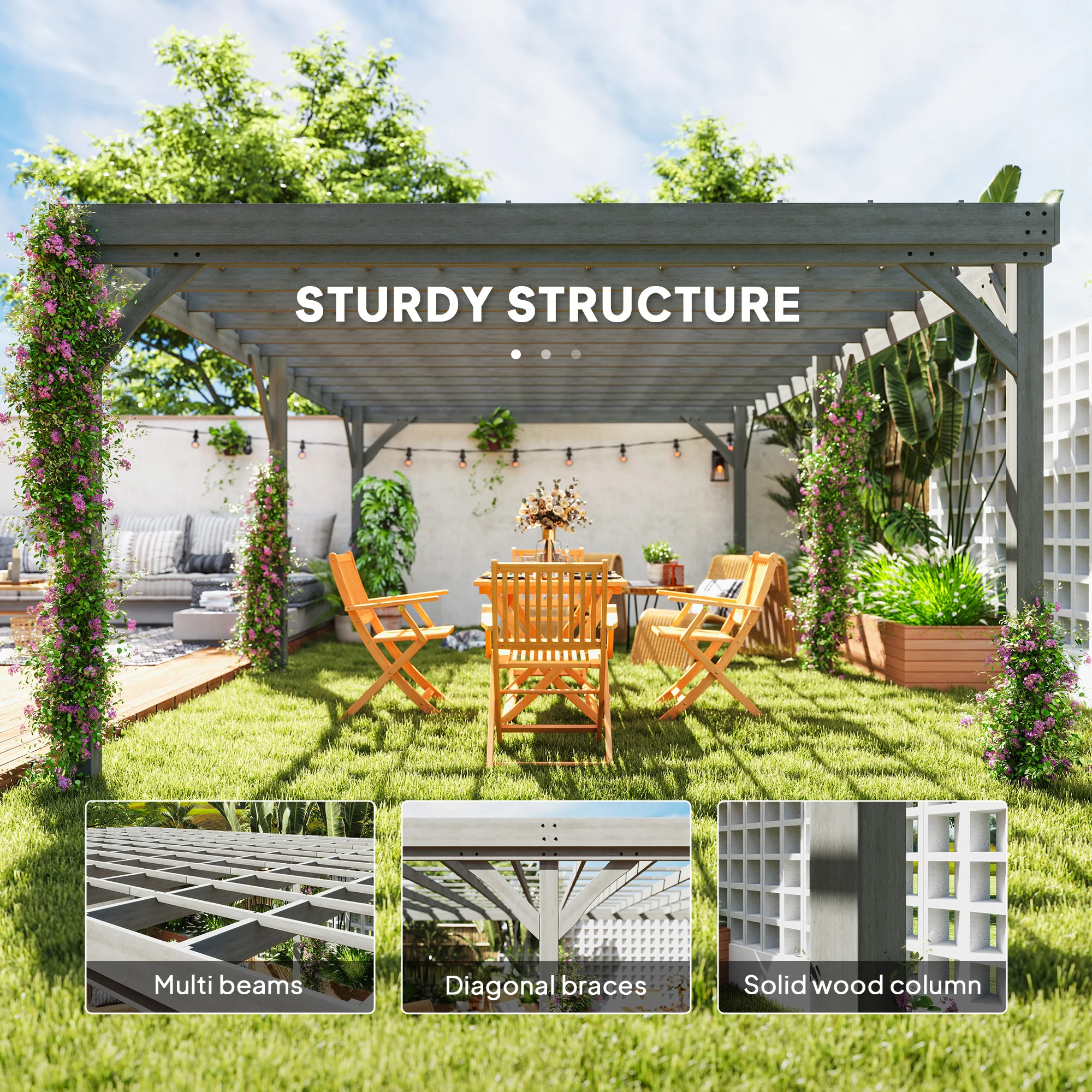 12' x 20' Outdoor Wooden Pergola, Grape Vine Gazebo with Concrete Anchors for Garden, Patio, Backyard, Deck, Gray view 4