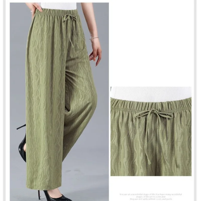 Pantalones finos de verano para mujer, Pantalón liso de cintura elástica con cordón, holgado, informal, de pierna ancha recta, de cintura alta