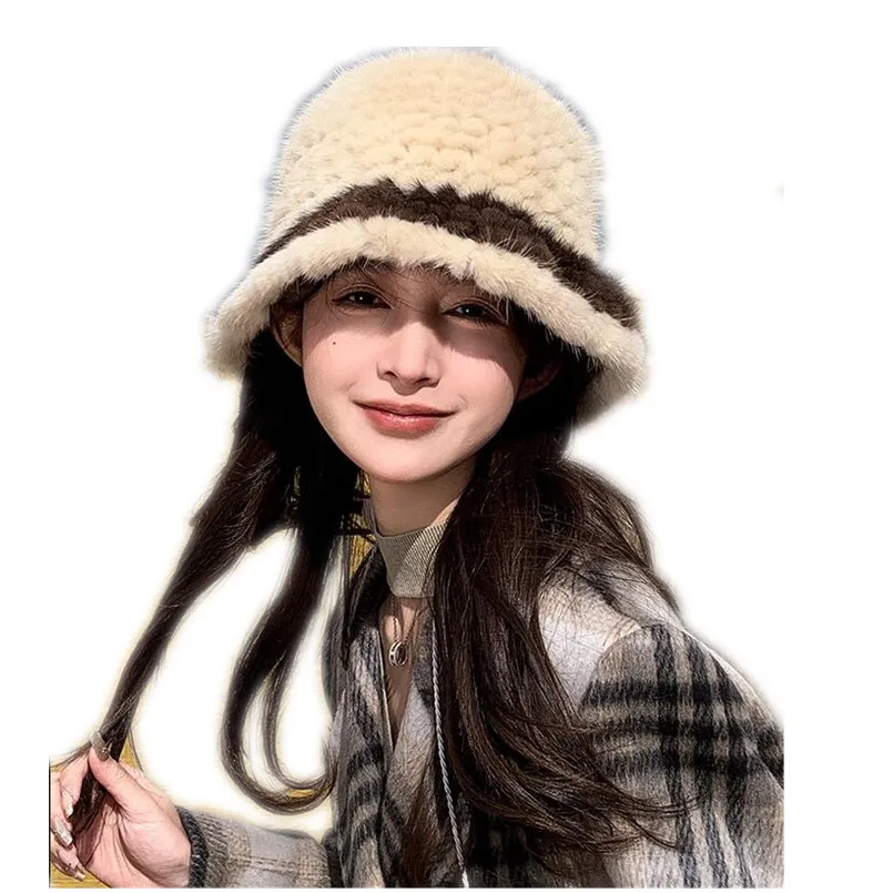 

Vintage Caps Knitted Genuine Mink Fur Hats for Women Church Bucket Hats Design Female Winter Fedora