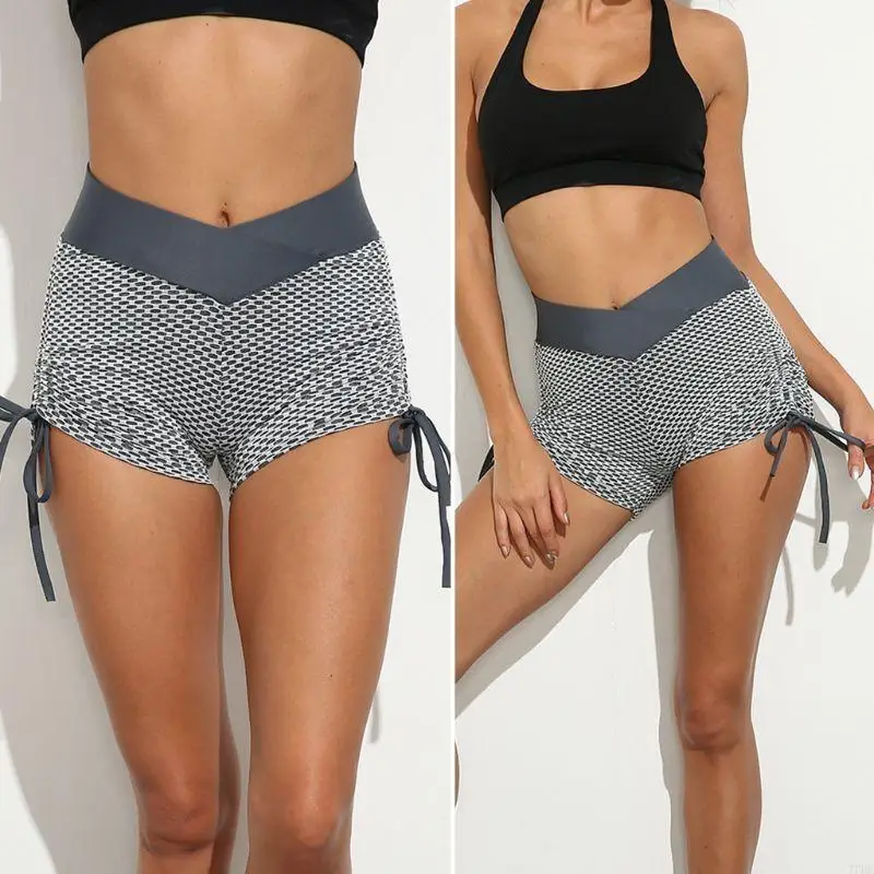 77HE 여성 하이 웨이스트 운동 반바지 운동 요가 러닝을위한 Drawstring 로프가있는 웨이브 포인트 디자인 반바지
