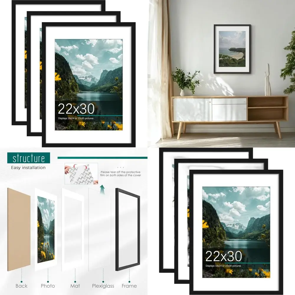 

Set of 3 Black Picture Frames, 22x30, Suitable for 18x24 Posters with or without Mat, for Wall Display in Portrait or Landscape