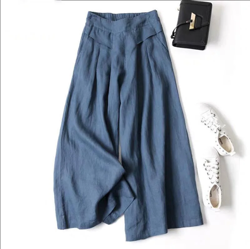 2025 Pantaloni estivi in lino a gamba larga Pantaloni casual bohémien elastici a vita alta Fiori larghi Leggeri e confortevoli