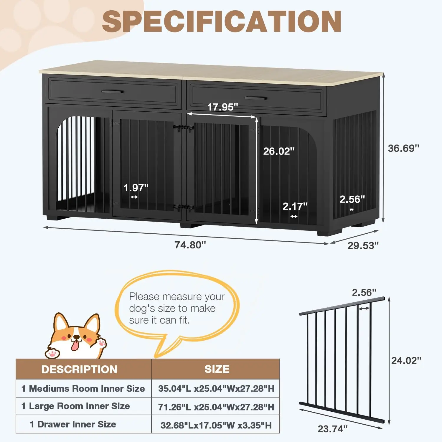 أثاث على شكل كلب مقاس 74.8 بوصة، صندوق كلب خشبي مع درجين ومقسم قابل للإزالة، حامل تلفزيون داخلي لبان الكلاب شديد التحمل