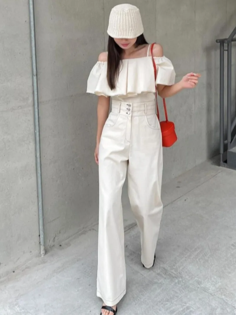 เสื้อเบลาส์สไตล์เรโทรฤดูร้อนสุดชิค พร้อมกางเกงขายาวเอวสูงทรงขาบาน ชุดเซ็ตสีพื้นสำหรับผู้หญิง เหมาะสำหรับใส่ไปทำงาน แฟชั่นทันสมัย ใช้ได้หลากหลายโอกาส