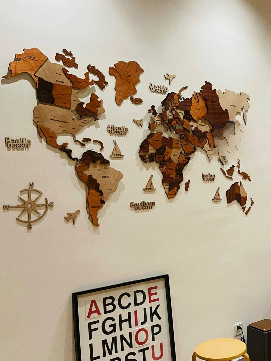 Solid wood world map, travel living room background wall decoration large decorative paintings office department 3D
