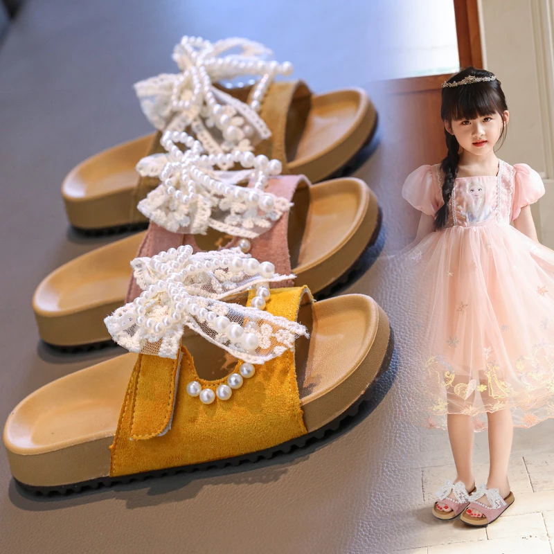 

Kids Girls Cool Slippers Summer New Children's Sandals Lace Bow Soft Sole Princess Slippers Classmate Shoes Size 26-36