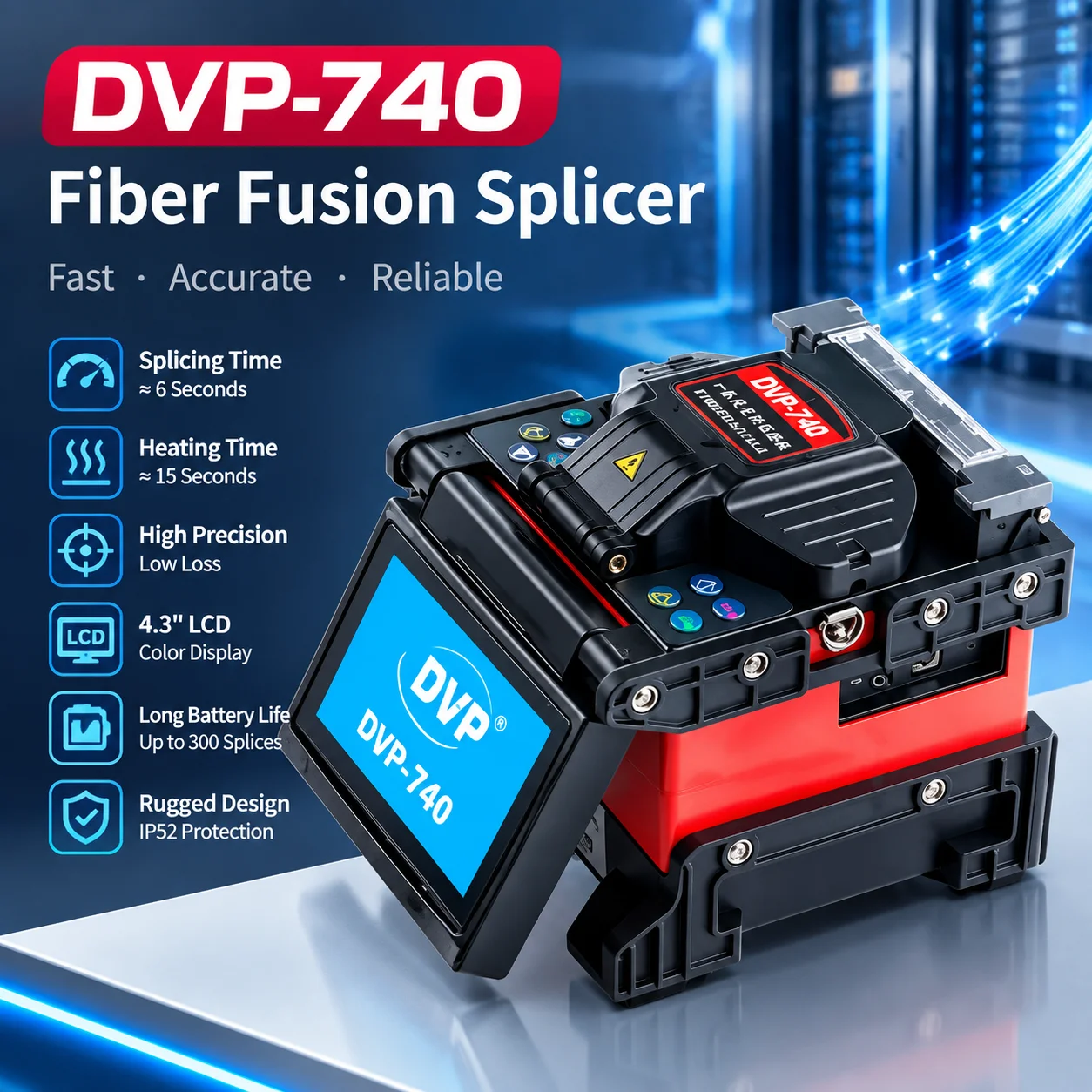 DVP-740 FTTH Fiber Optic Welding Splicing Machine Automatic Multi-language Optical Fiber Fusion Splicer with Fast Welding Electr