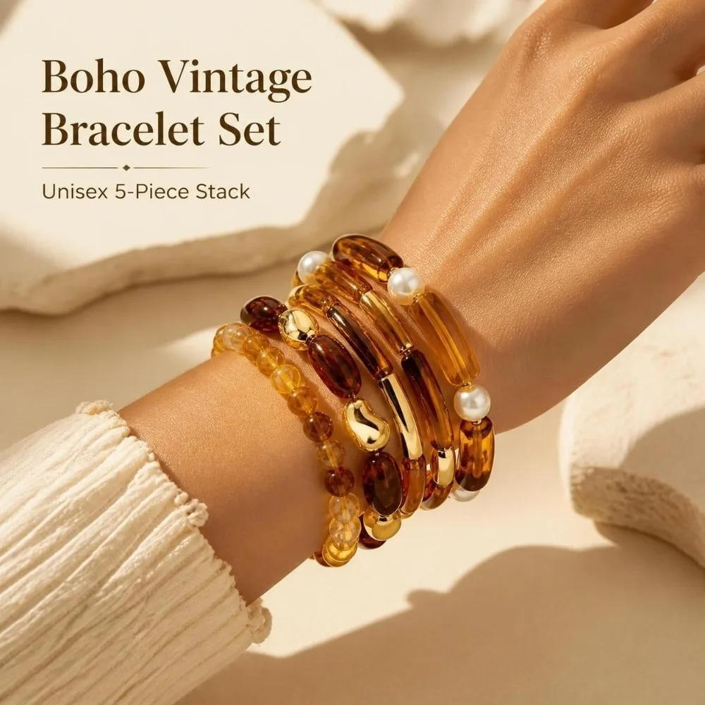 5pcs Vintage Boho Beaded Bracelet Set ‌Stackable ‌Tortoiseshell Bangle Bracelet Set Brown Handmade Wristband Jewelry Daily Wear
