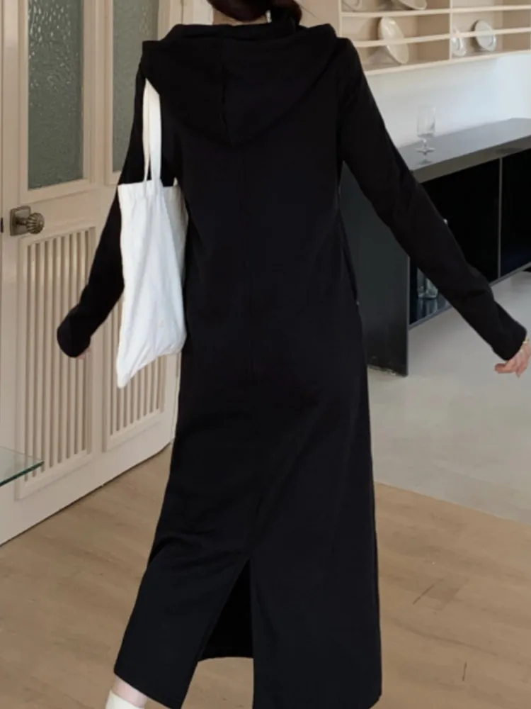 حجم كبير فستان بكم طويل المرأة الخريف كوريا النساء فساتين السيدات رداء Elbise فضفاض مقنعين فستان امرأة Vestidos