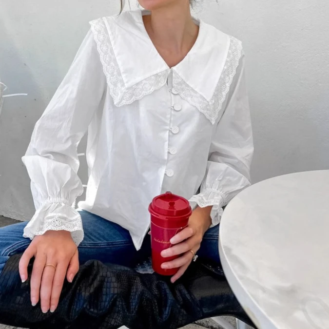 

French Pure Cotton Edge Spliced Doll Collar Puff Sleeve Shirt 2025 European and American Spring Fashion New Top