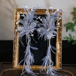 Gray Blue Feather Tassel Hairpin, Elegant Premium Bridal Hair Accessories