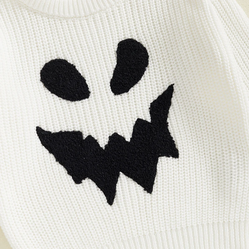 Baby Boy Girl Halloween Sweater Ghost Face Pattern Long Sleeve Crew Neck Chunky Knitwear