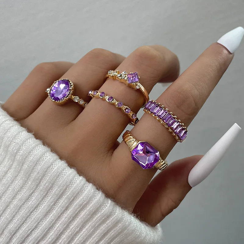 Vintage Purple Rhinestones Ring Set Imitation Crystal Bohemian LuxuryRing for Women Jewelry Wedding Party Accessories Gifts