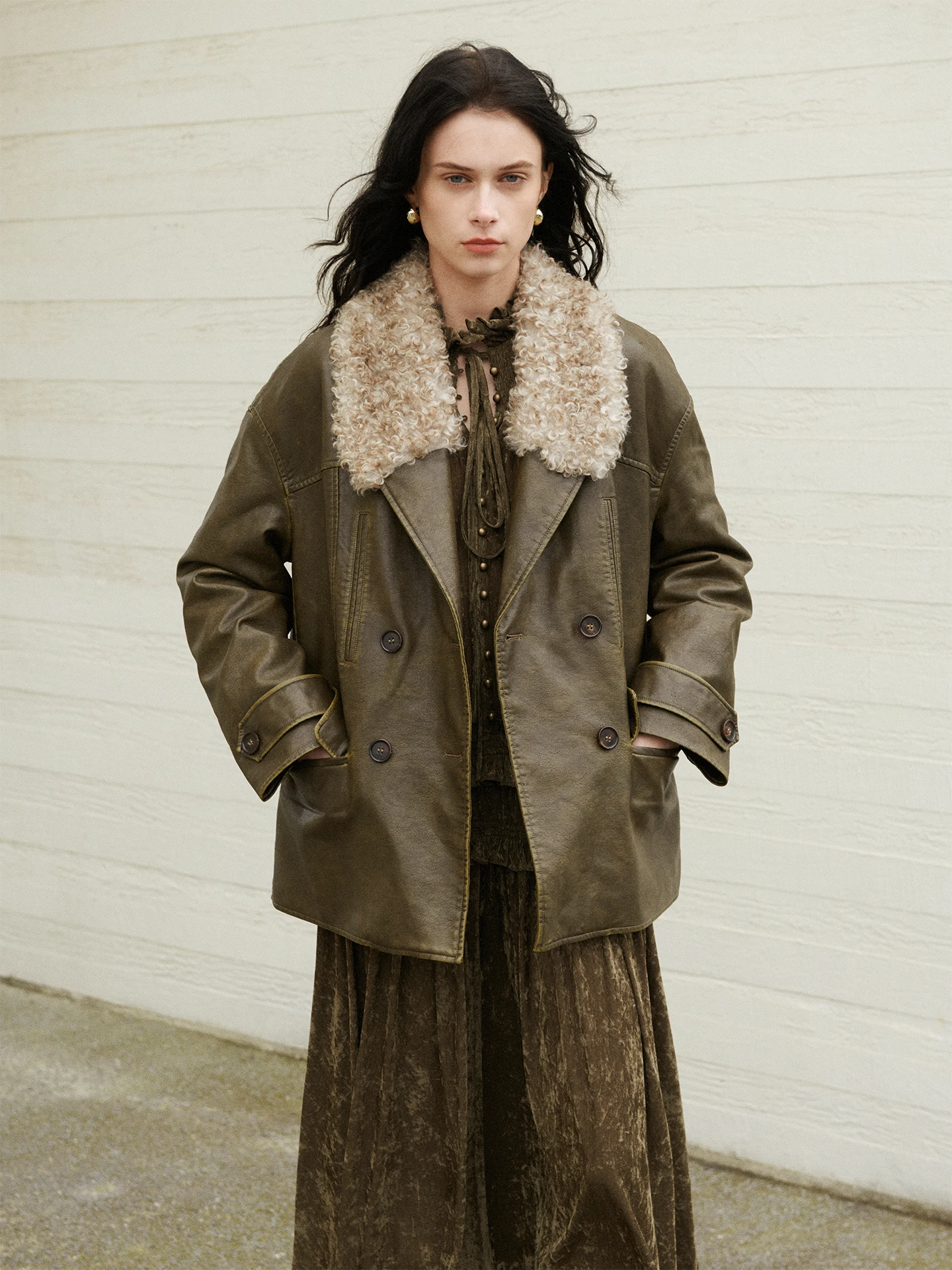 

Retro Waed PU Leather Jaet with Fur Collar Loose Fit Cotton Lined Coat Dozzease Vintage Sle Windproof Long Sve Coat