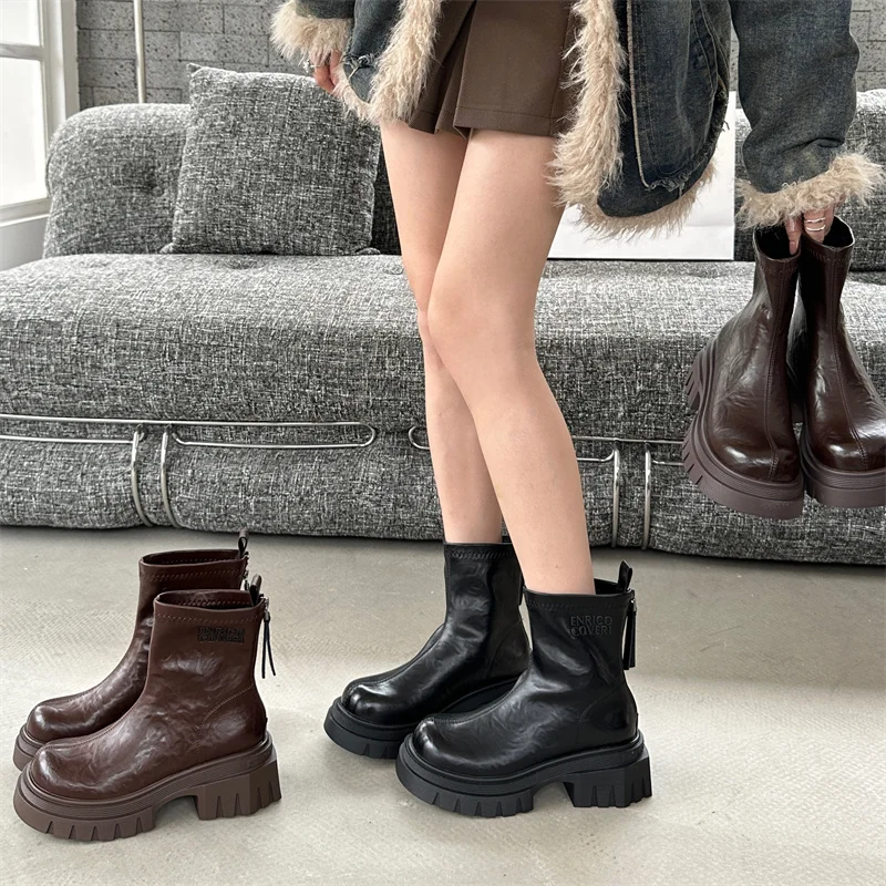 Women Ankle Boots 5cm Chunk Heels Round Toe High Heels Boots For Ladies Punk Fall  Platforms Shoes Black Bottes Talons Femme image 3