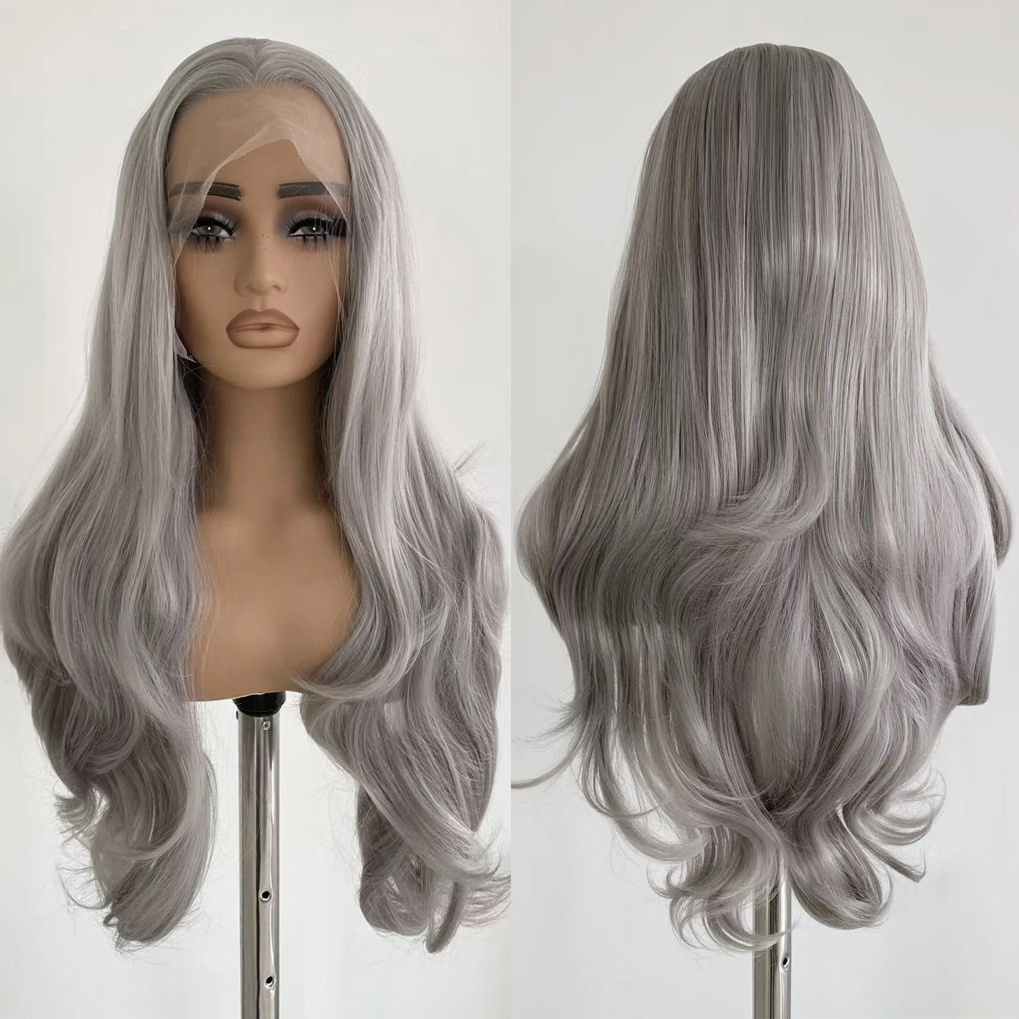 

Silver Grey Lace Front Wig 13x4 Long Natural Wave Synthetic Hair Daily Wear Cosplay Wigs 13x4 Glueless Heat Resistant Fiber