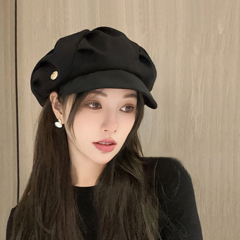 Fashion Cloud Beret Big Head Circumference Women Splicing Octagonal Berets Niche Painter Hats British Style Solid Small Face Cap