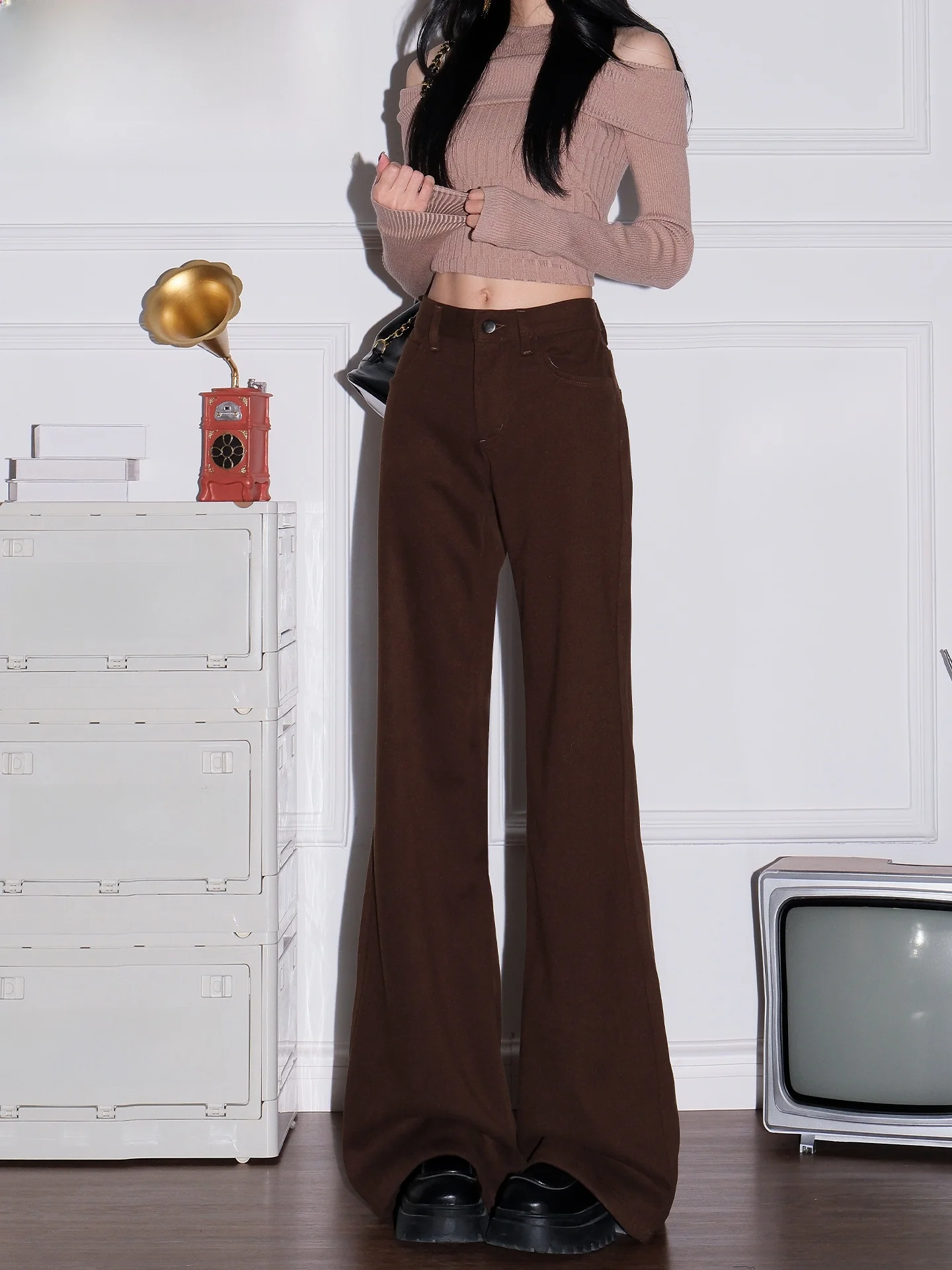 

Новые женские летние повседневные брюки-клеш цвета хаки с низкой посадкой, прямые, не прилипающие к ногам, из шерстяной ткани, с эффектом похудения