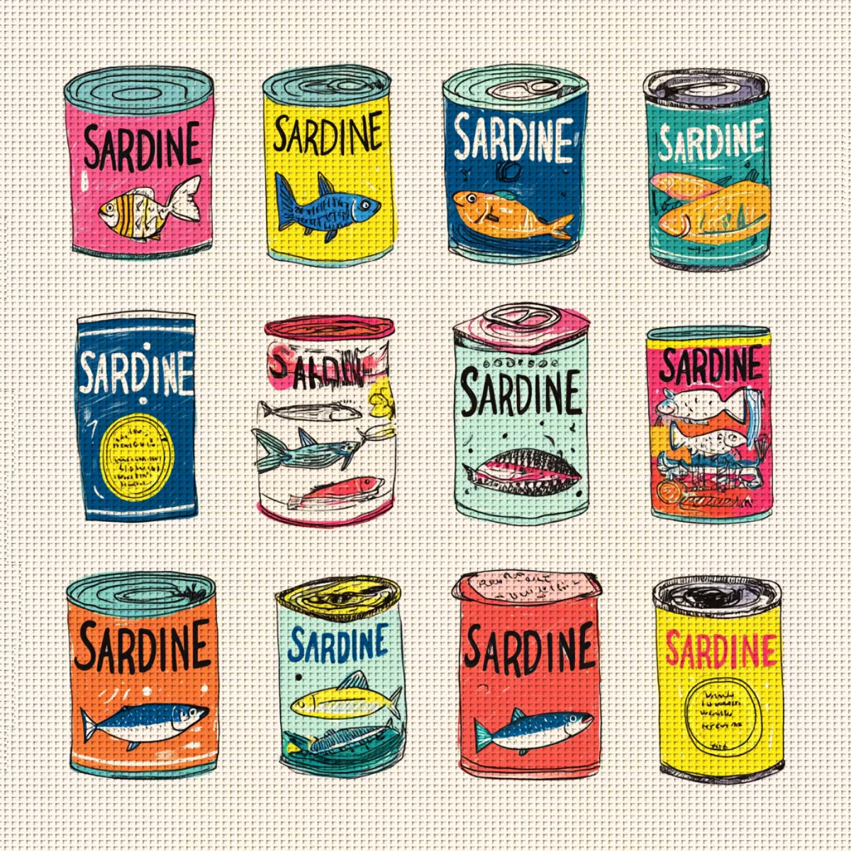 1 Set 40x40cm [15.7x15.7 Inch // 50x50cm 19.7x19.7 Inch] Sardine Can Cross Stitch Kit, Including Drawings, Needles, Fabric, Inst