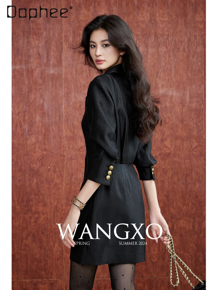 Tessuto intrecciato navetta di seta dorata Risvolto lucido Manica a sette quarti Abito monopetto Abito da pendolare Temperamento Abito alla moda