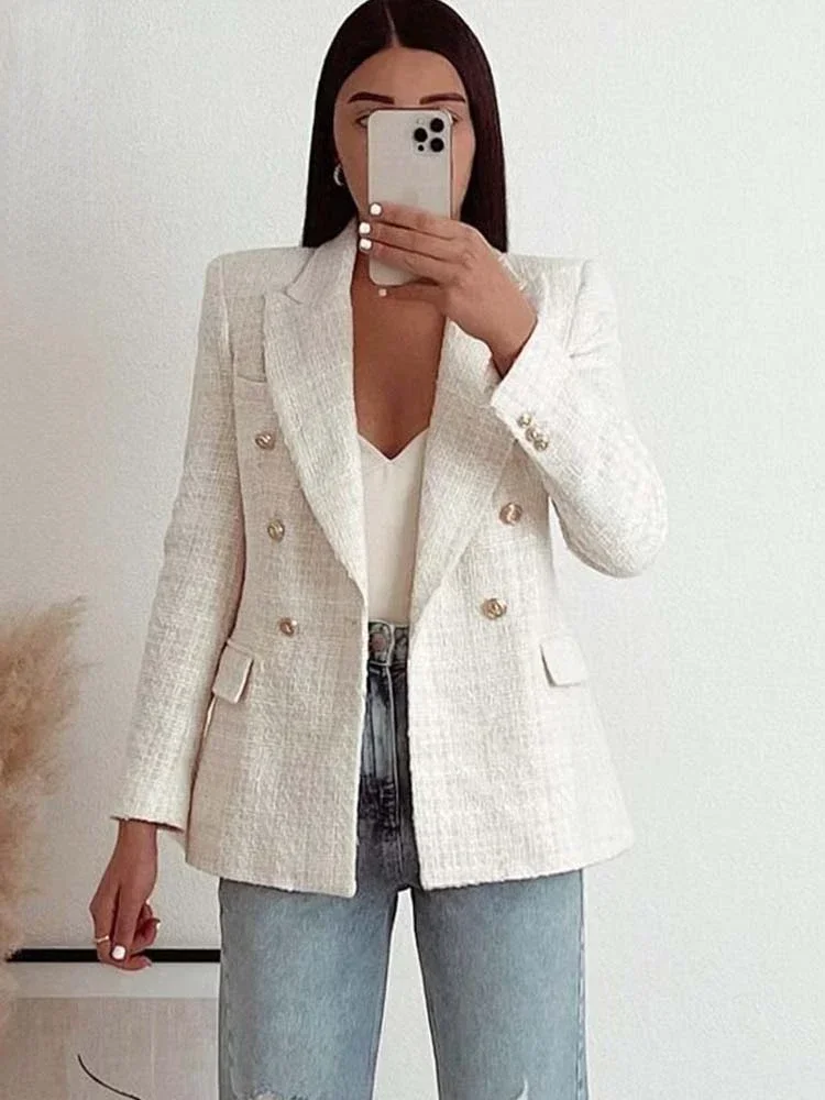 Women's Double Breasted Tweed Blazer, Long Sleeve Coat, Female Outerwear, Chic Top, Traf Fashion, Vintage, Spring, 2024