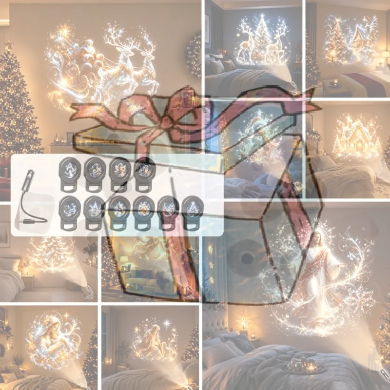 USB Christmas Projector Light 10pcs Patterns Adjustable Night Light Xmas Santa Snowman Church Nativity Projection Lamp Decor