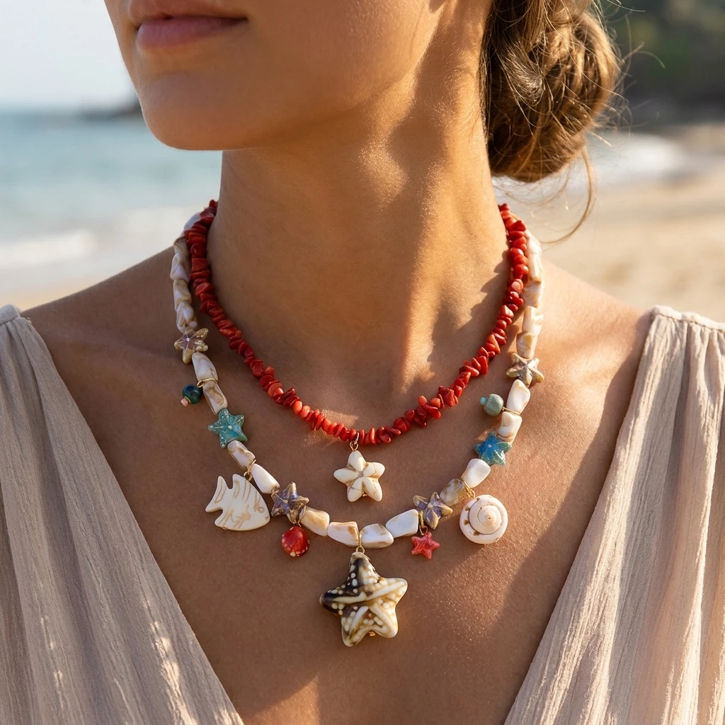 

Bohemian Coral Imitation Pearl Necklace for Women Exaggerated Conch Starfish Shell Clavicle Chain Beach Party Jewelry Gift