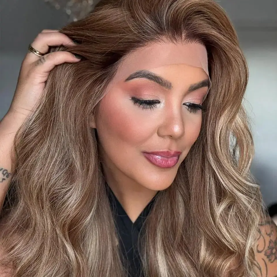 

26 Inches Ombre Chocolate Brown Soft Blonde Highlight Women Wavy Middle Part Wave Natural Looking Glueless Wig High Quality Wig